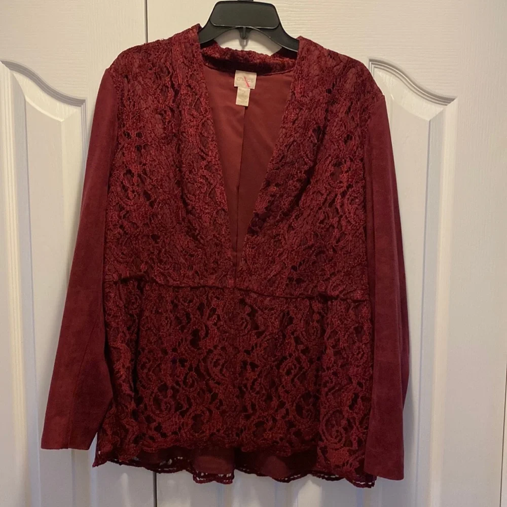 Chico’s Feminine Suede Lace Chenille Burgundy Jacket Size 2 (regular L-12) - Picture 1 of 3